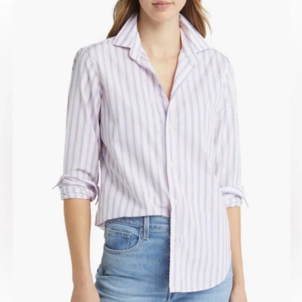 Frank & Eileen Barry Italian Poplin Multi Striped Button Down Shirt Size S Blue
